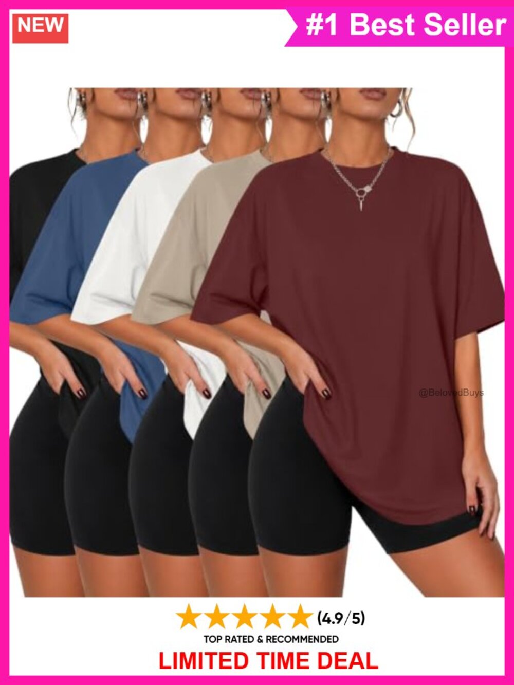 KKJ 5 Pack Womens Oversized T Shirts Short Sleeve Crew Neck Summer Tops